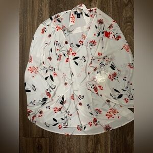 White Floral Print Kimono Sleeve Blouse szXL-0025